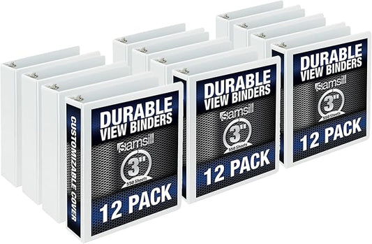 Samsill Durable 3 Inch Binder, Round Ring Customizable Clear View Binder, Black, 12 Pack