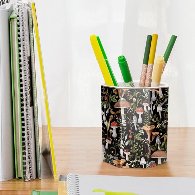Cute Ceramic Pen Holder for Desk, Pencil Pen Cup, Makeup Brush Holder, Desktop Supplies and Accessories for Women, Pen Pencil Stationery for Office Home Art Supply, Mushrooms Pattern