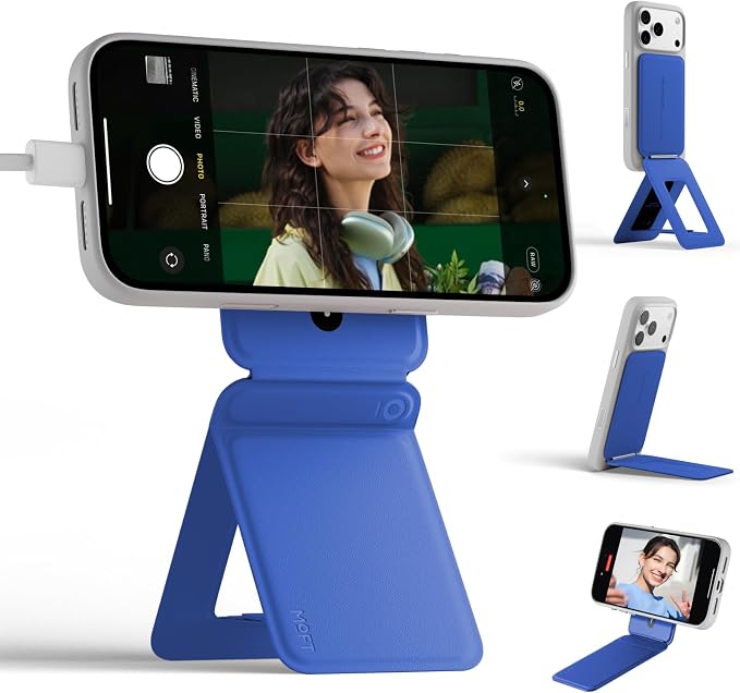 MOFT Phone Stand, Magnetic Phone Tripod Stand Stain-Resistant MOVAS Leather & Angle Adjustment & Strong Magnets Tripod for iPhone 17/16/15/14/13/12 (Included Metal Ring)-Sapphire