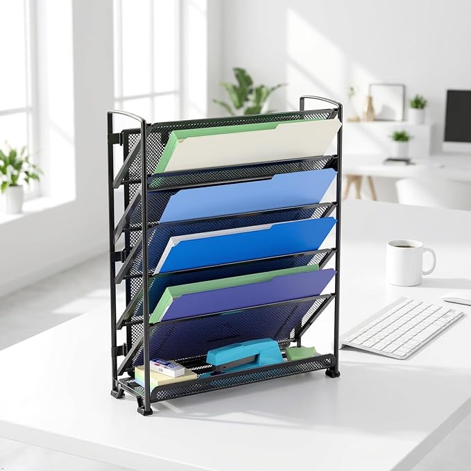 Simple Houseware 6-Tier Wall Mount Document Letter Tray Organizer, Black | 5 Tilted Trays + 1 Flat Bottom Tray, Wall Mount Hardware Included