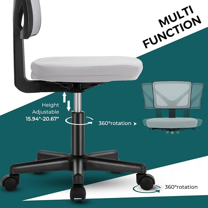 DUMOS Armless Desk Chairs, Small Home Office Mesh Chairs | Ergonomic Adjustable Mid Back, Swivel Rolling Task, Computer Work Vanity Small Spaces, New Grey