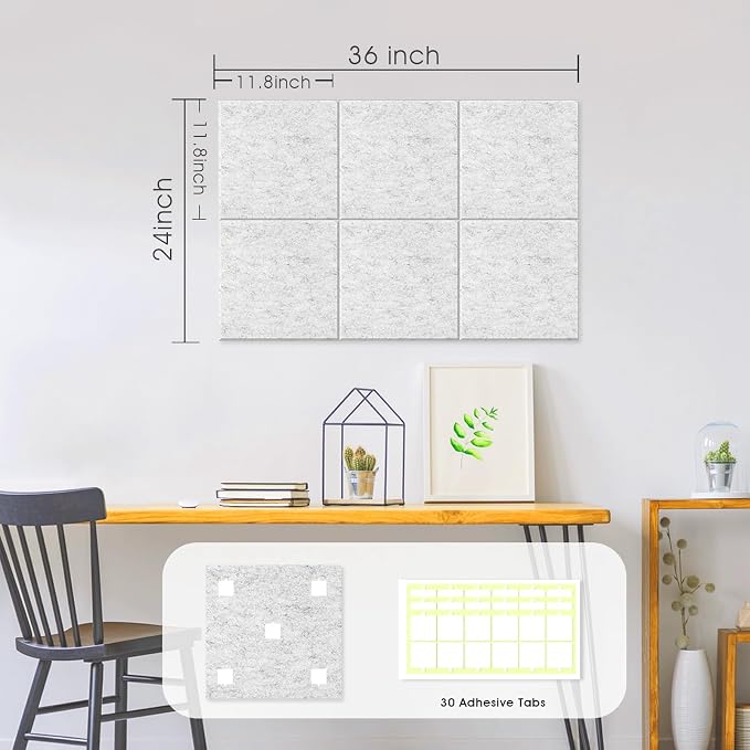 36" x 24" Large Felt Bulletin Board 1/2" Thick, Light Gray | 6 Pack Felt Tiles, Cork Board Alternative, 30 Adhesive Tabs, Pin Board for Home Office Decor with Easy Install