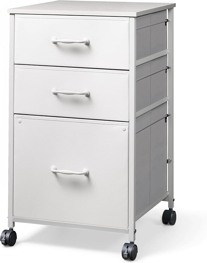 DEVAISE Mobile File Cabinet, Rolling Printer Stand with 3 Drawers, Fabric Vertical Filing Cabinet fits A4 or Letter Size for Home Office, White