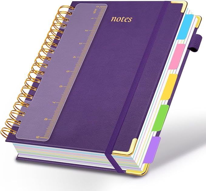 Hardcover Spiral Notebook 8"x10" Journal Notebook with Tabs and Removable Dividers 300 Pages 5 Subject Notebook College Ruled, Faux Leather Spiral Bound Notebook for Women School Work (Purple)