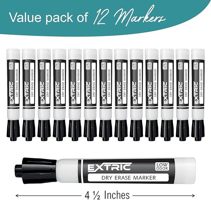 EXTRIC Black Dry Erase Markers, 12 Count Whiteboard Markers Chisel Tip, White Board Marker Dry Erase, Low Odor Chisel Tip Erasable Markers