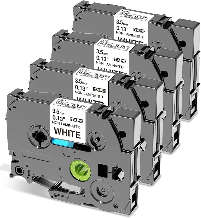 3.5mm Label Maker Tape Compatible with Brother TZE-N201 P-Touch Label Tape | TZe TZ Ptouch Narrow 1/8" Non-Laminated TZEN201 for PTD210BP PTH110BP PT-D220 D210 H110 1280 Label Maker Refills 4-Pack