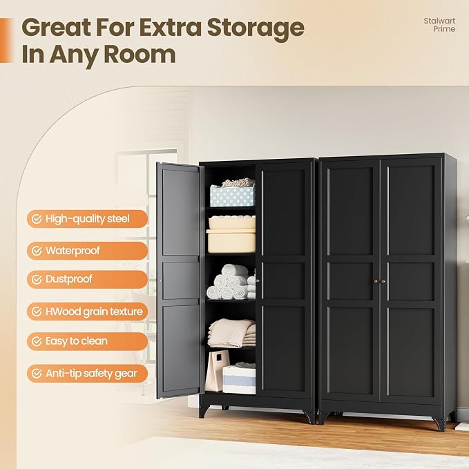 Metal Storage Cabinet with 2 Doors and 4 Adjustable Shelves,- 72" Black Kitchen Pantry Storage Cabinet for Kitchen,Living Room,Dining Room