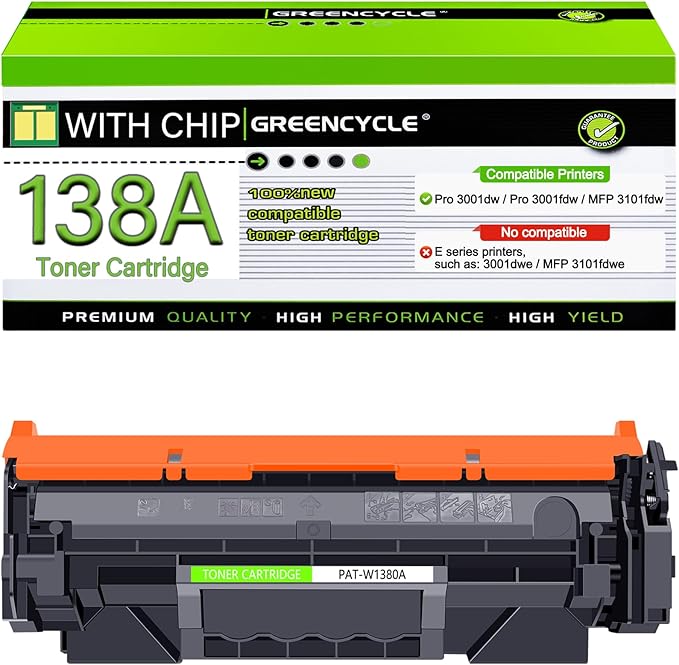 greencycle 138A W1380A [with Chip] Compatible Black Toner Cartridge Replacement for HP 138A W1380A 138X W1380X Work with LaserJet Pro 3001dw 3001fdw MFP 3101fdw Series Printer Ink ( 1-Pack )