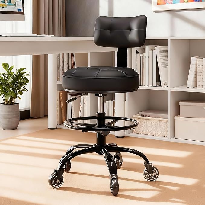 Office Drafting Chair with Footrest, Tall Height Adjustable Stool with Back Support, Heavy Duty Rolling Stool Chair with Wheels for Office Home Kitchen Bar Shop Guitar Studio Medical Vanity(Black)