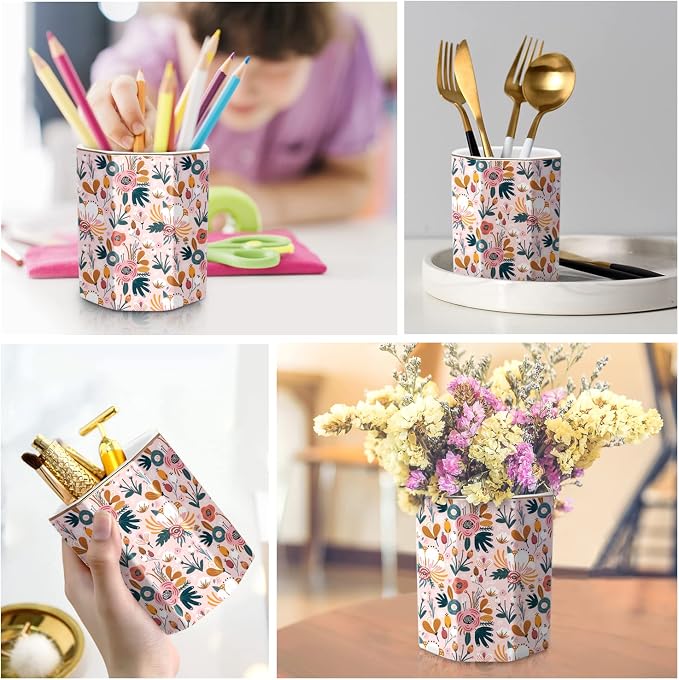 Ceramic Floral Pen Pot, Colored Pencil Container Cute Decor for Room, Office, School, University, Makeup Brush Holder for Girl Women Adult Teen Gift, Pink Flower