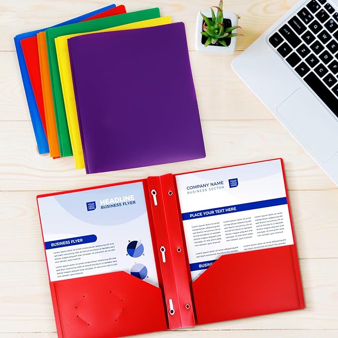 6-Pack Plastic Folders with Pockets and Prongs, 2-Pocket Folders with 3 Fasteners, Holds 8-1/2" x 11" Paper for School/Office/Home, Red