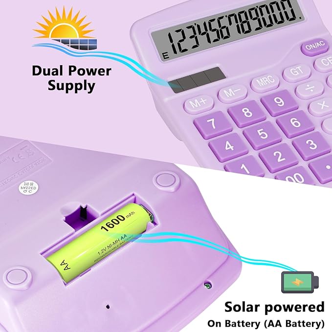 Cute Purple Desktop Calculator with Big Buttons, Dual Power Source, Solar and Battery, Large Display Screen - Perfect for Office, Teachers, and Students (Purple)