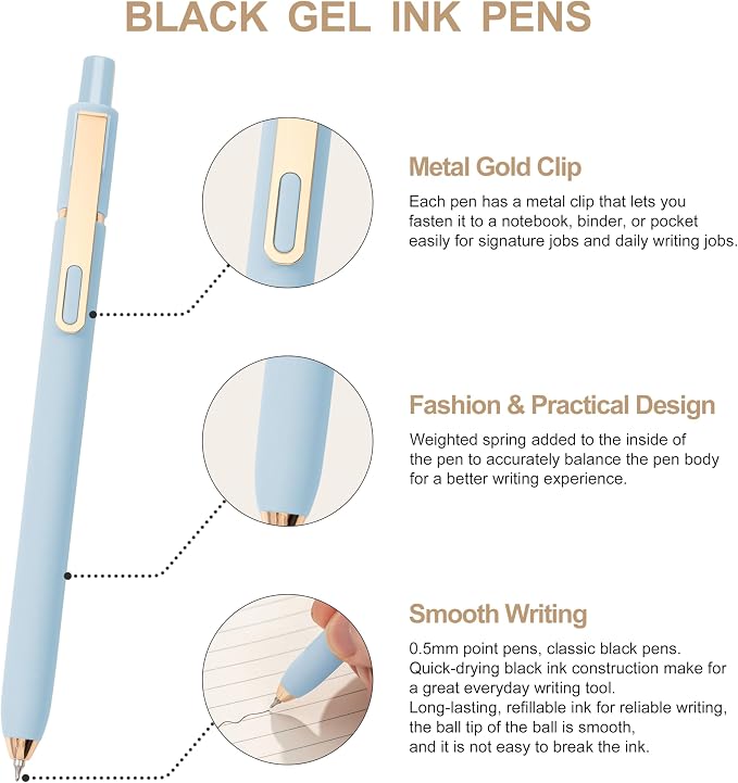 Linbsunne Gel Pens Black Ink Pens for Office 0.5mm Fine Point Pen Smooth Writing Retractable (Morandi-10 pcs)