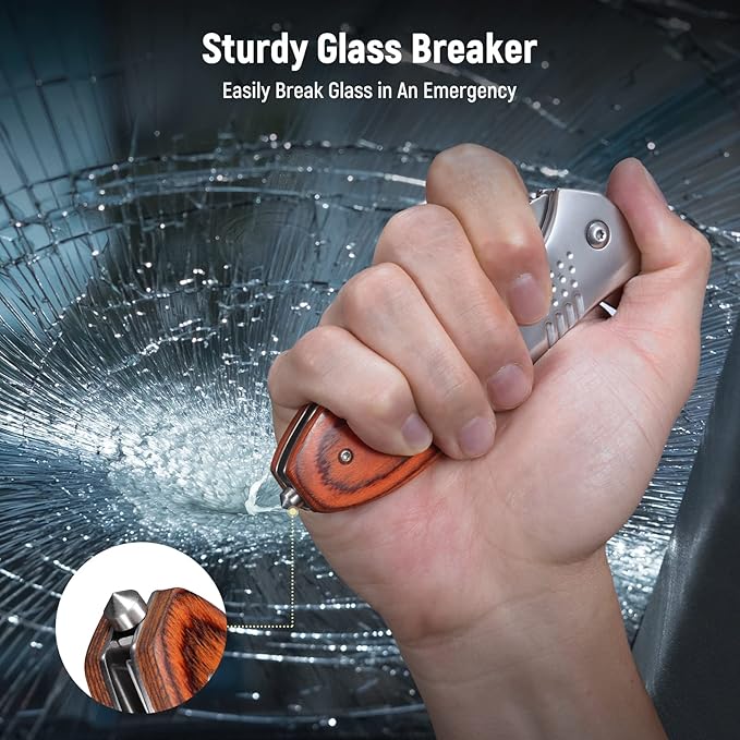Pocket Knife for Men - Sharp Blade Wood Handle Pocket Folding Knives with Clip, Glass Breaker - EDC Knives for Survival Camping Hunting Fishing Hiking Women, Large, Silver