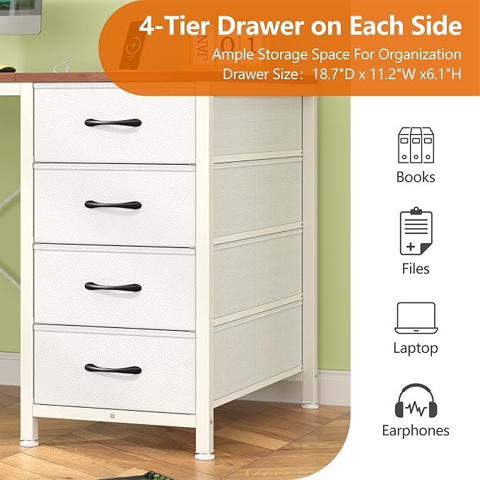 50 Inch Computer Desk with 8 Drawers for Home Office, Bedroom, Living Room | Home Office Desk with Power Outlets, Work Study Gaming Desk with 8 Fabric Drawers, Brown & White
