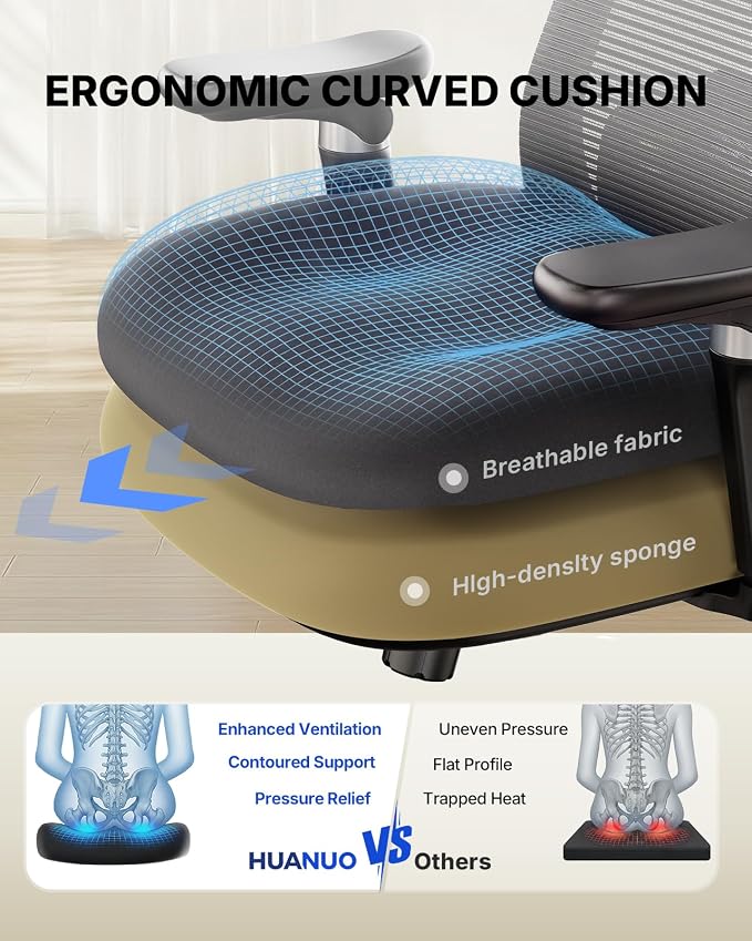 HUANUO Ergonomic Office Chair with 6D Armrest, Seat Depth Adjustment, Lumbar Support, Quiet Rubber Caster, High Back Mesh Gaming Chair with 3D Headrest, Big and Tall Chair for Home Office, Pack of 2