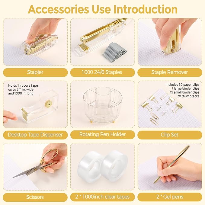 SKYDUE Gold Office Supplies Set with Pencil Holder for Desk | Gold Desk Accessories with Gel Pen, Stapler, Tape Dispenser, Scissors,Clips and 1000pcs Staples, Office Decor for Women