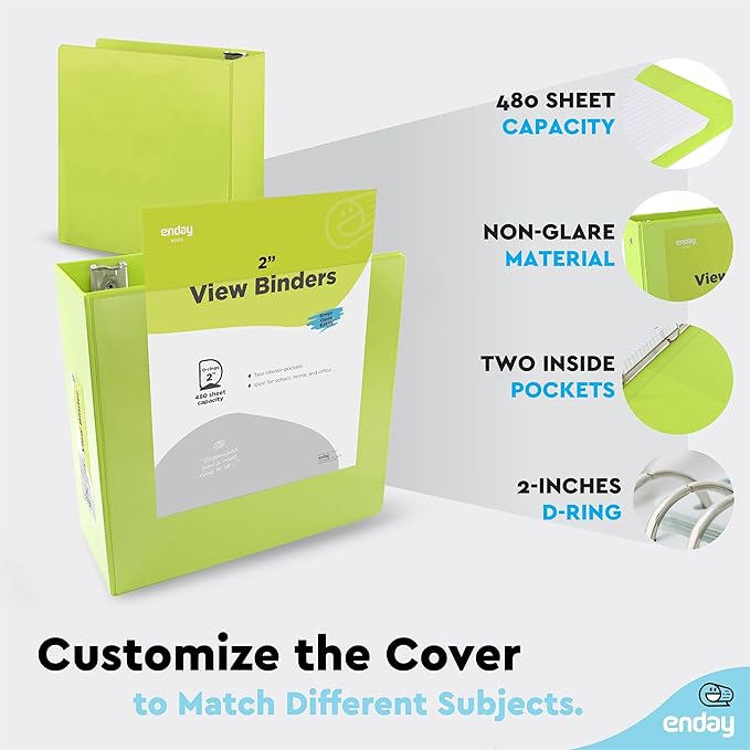Enday 2 inch 3 Ring Binder (12 Pack - Assorted Colors) Binder 2 inch with Clear View Cover and 2 Inside Pocket - for Letter Size 8.5 x 11'' Paper, Ideal for School Supplies, Office, and Home