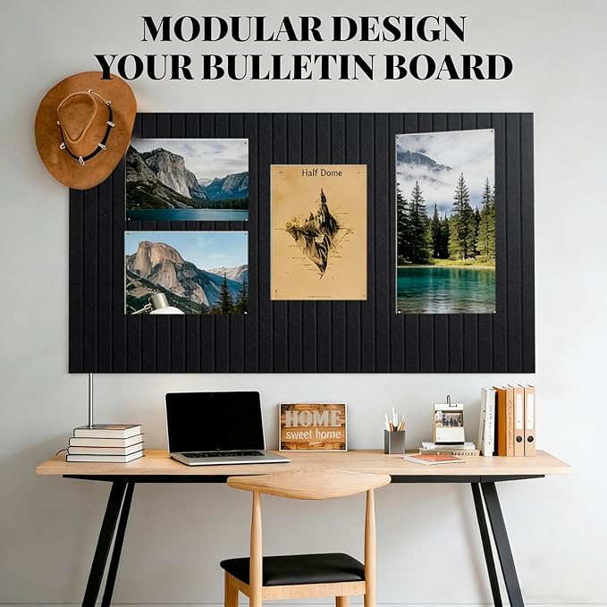 Large Felt Bulletin Board Cork Board Alternative with Safe Removable Adhesive Tabs, Wall Bulletin Board for Home Office Classroom Pin Board (Black, Fine-Stripe 12-Pack)