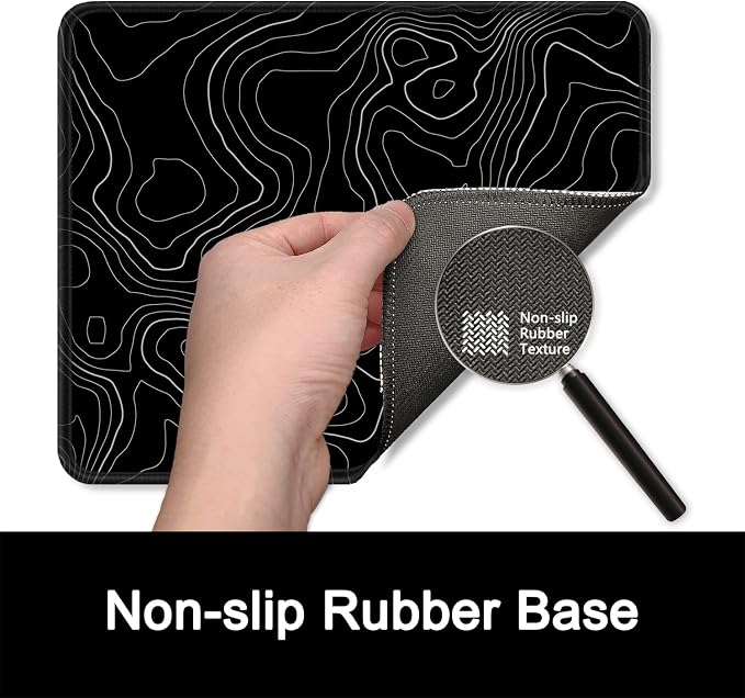 ITNRSIIET Mouse Pad with Stitched Edge Premium Textured Smooth Precise Operation Waterproof Washable Non-Slip Rubber Base Desktop Protection Mat, 10.2×8.3×0.12 inches, Topographic Contour Black