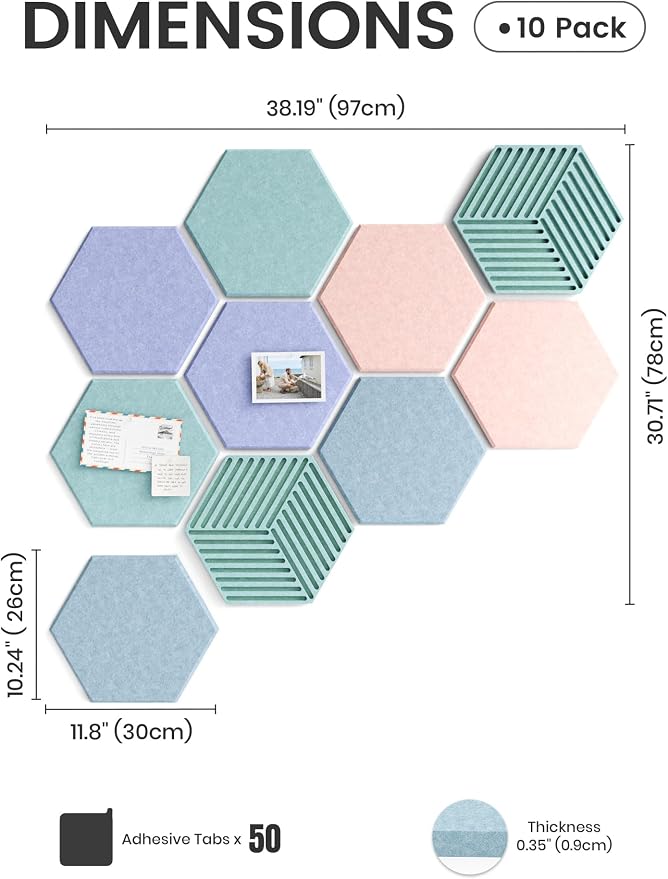 Fluxynara 10-Pack Hexagon Felt Bulletin Board Tiles, Coastal Haze | Cork Board Alternative for Wall Decor and Vision Boards, with 50 Adhesive Tabs for Home, Office, Classroom or Dorm.