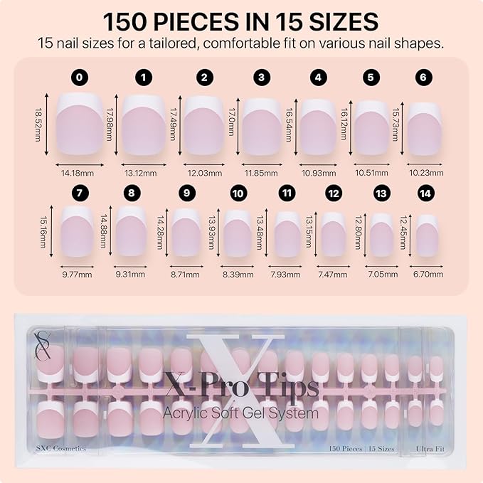 SXC Cosmetics French Tip Press On Nails Pink Extra Short Square 150 Pieces in 15 Sizes Ultra Fit with Pre-applied Tip Primer and Base Coat, No Need to File Fake Nails for Nail Art DIY X-Pro Tips