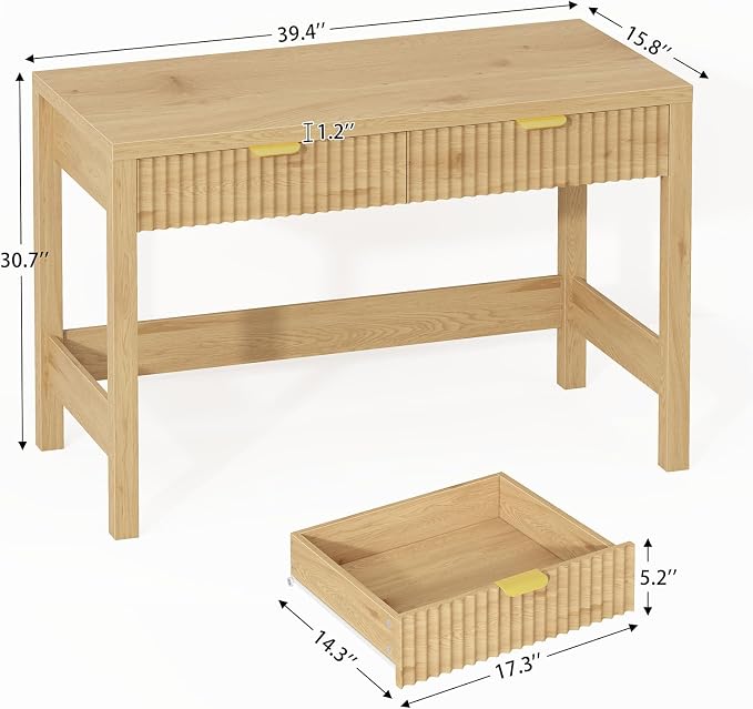 39 Inch Small Fluted Computer Desk with 2 Drawers for Bedroom, Home Office | Small Computer Desk with Storage, Compact Writing Study Desk for Small Spaces, Oak