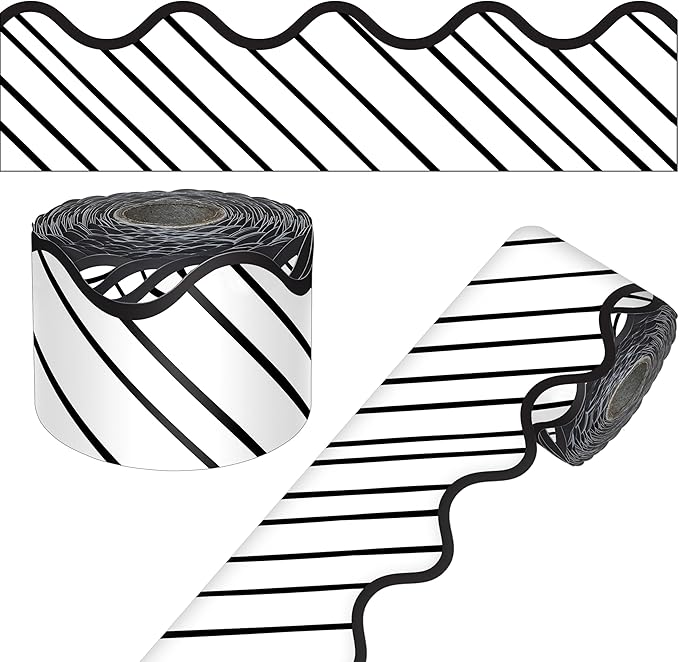 Carson Dellosa 65Ft of Black and White Bulletin Board Borders, 1 Roll of Striped, Scalloped Trim for Rolling Whiteboard, Posterboard, Party, Office Decorations, and Classroom Decor