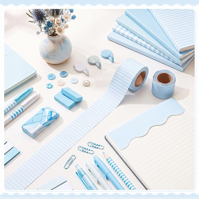 2 Rolls 65.6ft Marcaron Blue Striped Bulletin Board Borders Decoration Scalloped and Straight Edge Blue Bulletin Borders Board Trim for Office School Classroom Chalkboard Party Decoration