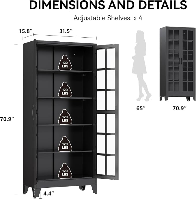 COFaR 71" Black Metal Pantry Cabinet with Glass Doors for Living Room | 5-tier pantry and display cabinet with glass doors and 4 adjustable shelves for kitchen, dining room, living room or office.
