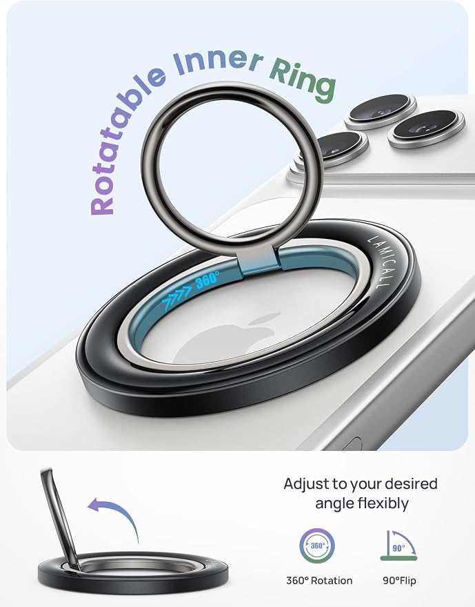 Lamicall Magnetic Phone Ring Grip Holder for MagSafe, Crystal Clear Black | 360° Smooth Damping Rotation, Finger Grip Kickstand for iPhone 17 16 15 14 13 12 Pro Max Air Androids, Mag Safe Accessories