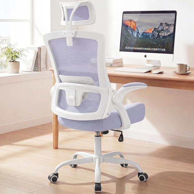 NEO CHAIR Office Chair with Adjustable Ergonomic Lumbar Headrest, Purple | Ergonomic Mesh Back Support with a Height-Adjustable Headrest and Flip-Up Armrests for All-Day Office and Computer Work