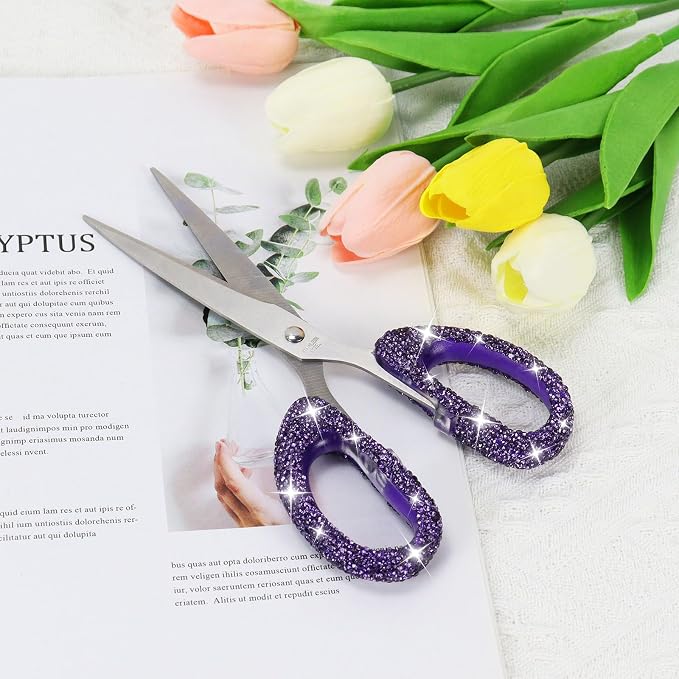 Koqye 7.68-Inch Rhinestone Scissors - Bling Metal Cute Scissors for School, Office, Crafting & Home - Decorative Sparkly Handle Paper Cutting Tool (Purple)