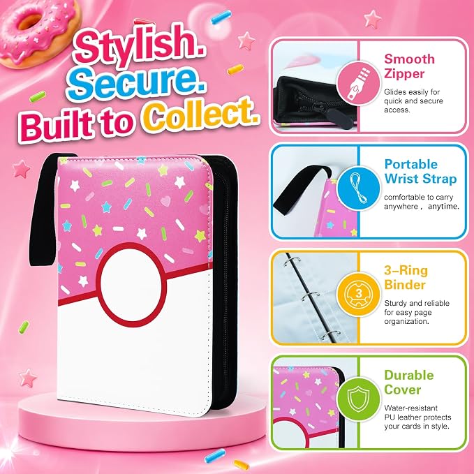 4 Pocket Card Binder 400 Card Holder Album, Pink Donut Trading Cards Holder Zipper Binder for Girl Teen Collection (Pink Donut, 400 Pocket)