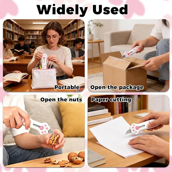 Cat Paw Retractable Box Cutter — Cute Kawaii Utility Knife | Portable Cat Claw Knife with Handle,Multifunctional Mini Utility Knife for Boxes Envelopes,Packages,Lock+One-Click Retract