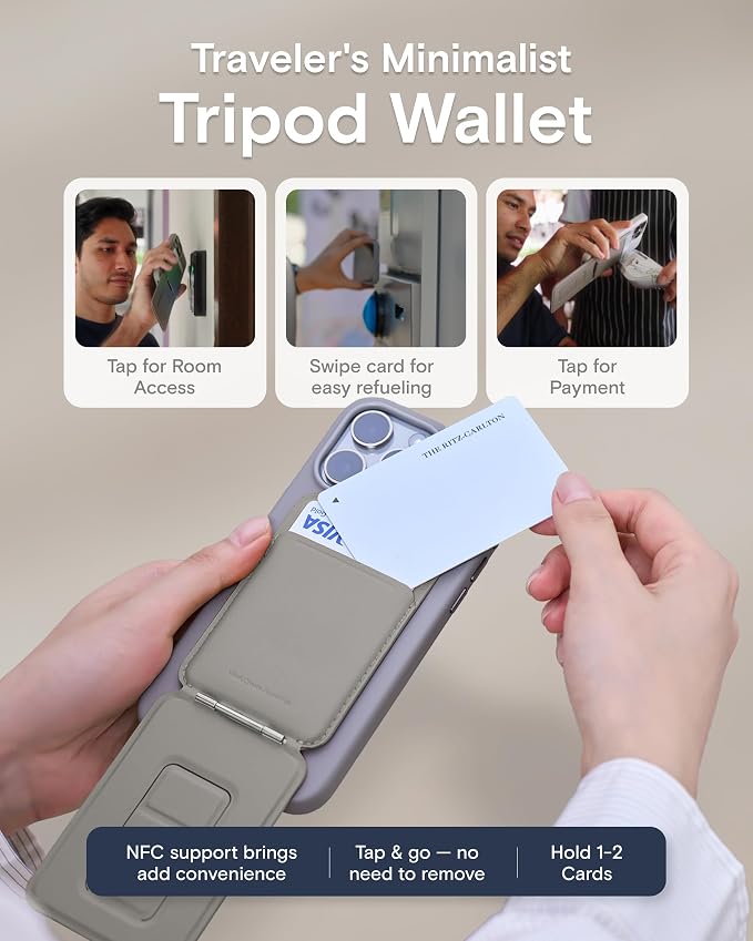 MOFT Phone Stand Wallet, NFC-Supported Tap-and-Go Card Holder, MOVAS Leather, Slim Magnetic Tripod for iPhone 17/16/15/14/13/12, Travel Essential Wallet Cell Phone Stand for 2 Cards, Taupe