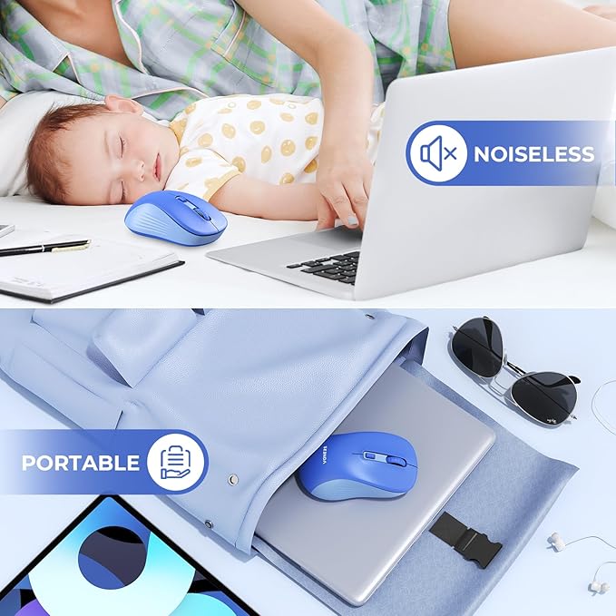seenda Bluetooth Wireless Mouse, Bluetooth & 2.4G USB Dual Mode, Quiet Clicks, Smooth Tracking, 3-Level Adjustable 1600 DPI,Compact and Portable Mouse for Laptops, Tablets and More-Blue