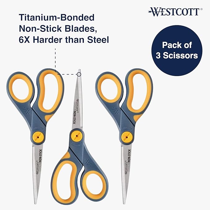 Westcott 8-Inch Non-Stick Titanium Scissors For Office and Home - Glide Adjust Technology - Grey/Yellow Craft, Fabric Scissors - 3 Pack
