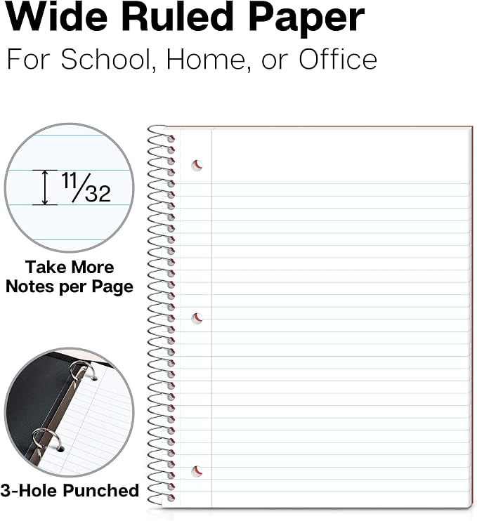 Dunwell 1 Subject Spiral Notebook (Red), Plastic Cover, 100 Sheets (200 Pages) 8x10.5 Paper, Wide Ruled for Easy Writing, 3-Hole Punched Perforated Pages, Poly Pocket Dividers | 100 Sheets (200 Pages), Wide Ruled Paper, Poly Pocket Dividers, 3-Hole Pun...