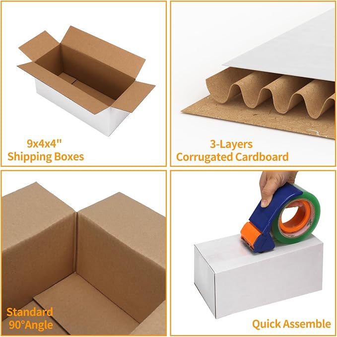 PETAFLOP 25 Pack 9x4x4 Inch White Shipping Boxes, Corrugated Cardboard Mailer Box for Small Business Mailing DIY