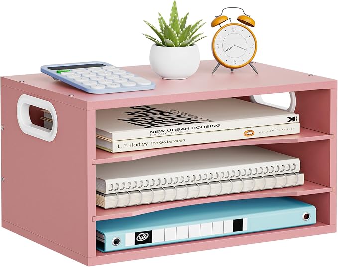 Marbrasse 3 Tier Wood Desk Organizer,Desk Paper Letter Tray Organizer，Pink | Wooden Desktop File Organizer with Handle and Paper Sorter Mail Holder for Office School & Home Supplies Organization