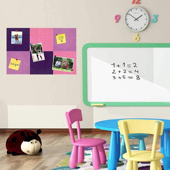 Large Square Felt Cork Board Tiles, Self Adhesive DIY Felt Bulletin Board with 35 Pushpins for Office School Home Wall Decor Stickers Memos Photos Display (Purple & Pink)