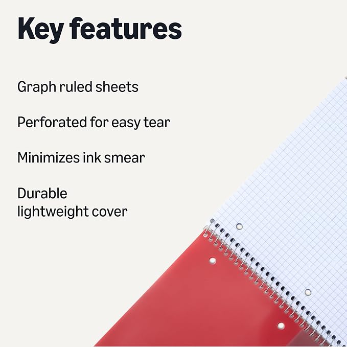 Amazon Basics 4x4 Graph Ruled Spiral Notebook, Poly Cover, 100 Sheets, 9" x 11", Coral, 3 pack