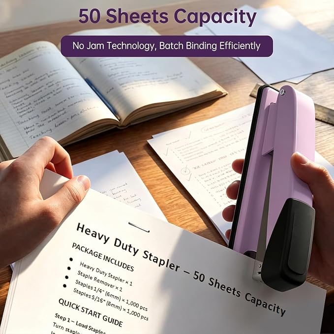 Metal Stapler Heavy Duty for Desk - 50 Sheet Capacity with 2000 Pieces 1/4", 5/16" Staples and Staple Remover, No Jam, Non-Slip, Stapler Heavy Duty for Classroom and Office, Pink
