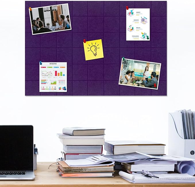 Large Square Felt Cork Board Tiles, Self Adhesive DIY Felt Bulletin Board Pin Board with 35 Pushpins for Office School Home Wall Decor Stickers Memos Photos Display (Purple)