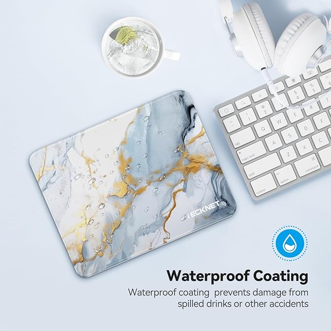 TECKNET Mouse Pad with Anti-fray Stitching, Waterproof Surface & Non-Slip Rubber Base with Stitched Edges Gaming Mouse Mat for Laptop，Compatible with Laser and Optical Mice - Grey Gold Marble