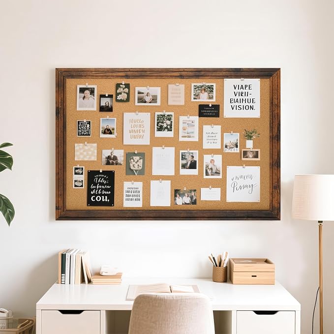 Cork Board Bulletin Board, 36"x24" Corkboard for Wall | Vintage Brown Wooden Frame, Decorative Pin Board, Message Board, Notice Board, Vision Board for Home, Office, Kitchen