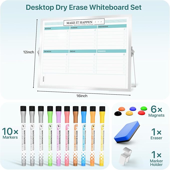 Dry Erase White Board with Stand,Double-Sided Weekly Whiteboard 16"x12",10 Markers,6 Magnets,1 Eraser,Portable Desktop Whiteboard for Planning,Weekly Schedule Board for Office