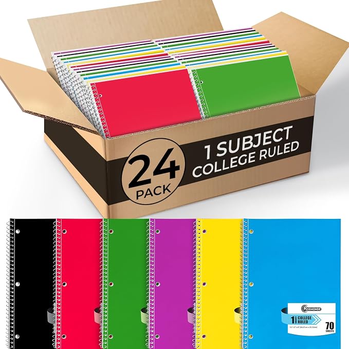 Spiral Notebook, 24 Pack, 1 Subject, College Ruled, 70 Sheets | Bulk College Ruled Spiral Notebook for School, 8 x 10-1/2", 3 Hole Punched, Single Subject Notebook Bulk, Assorted Colors