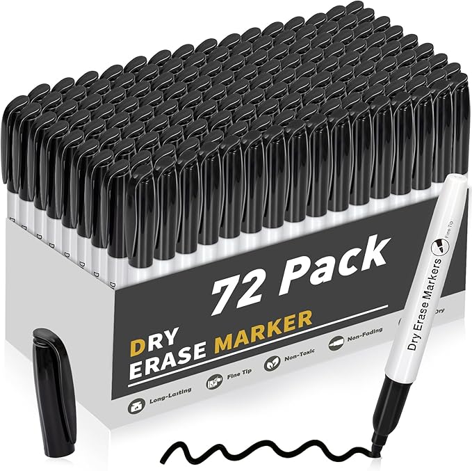 V-Opitos 72 Pack Fine Tip Dry Erase Markers - Bulk Whiteboard Erasable Black Markers, Ideal for School Classroom Office Supplies, Non-Toxic & Easy Clean for White board